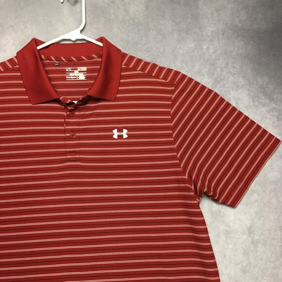 Under Armour Mens Golf Polo Shirt size XL Red Striped Short Sleeve Collared - Picture 2 of 15